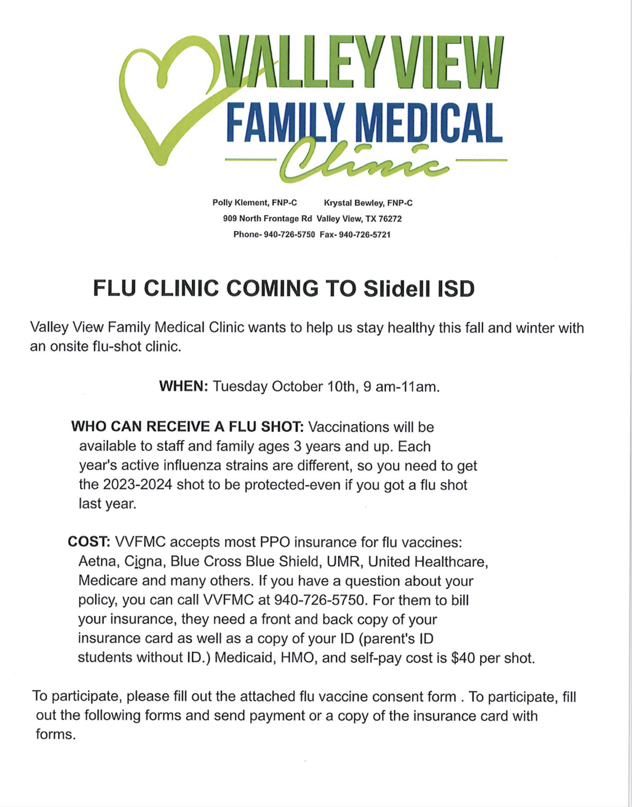 Slidell ISD Flu Clinic - Oct. 10 9-11 am 