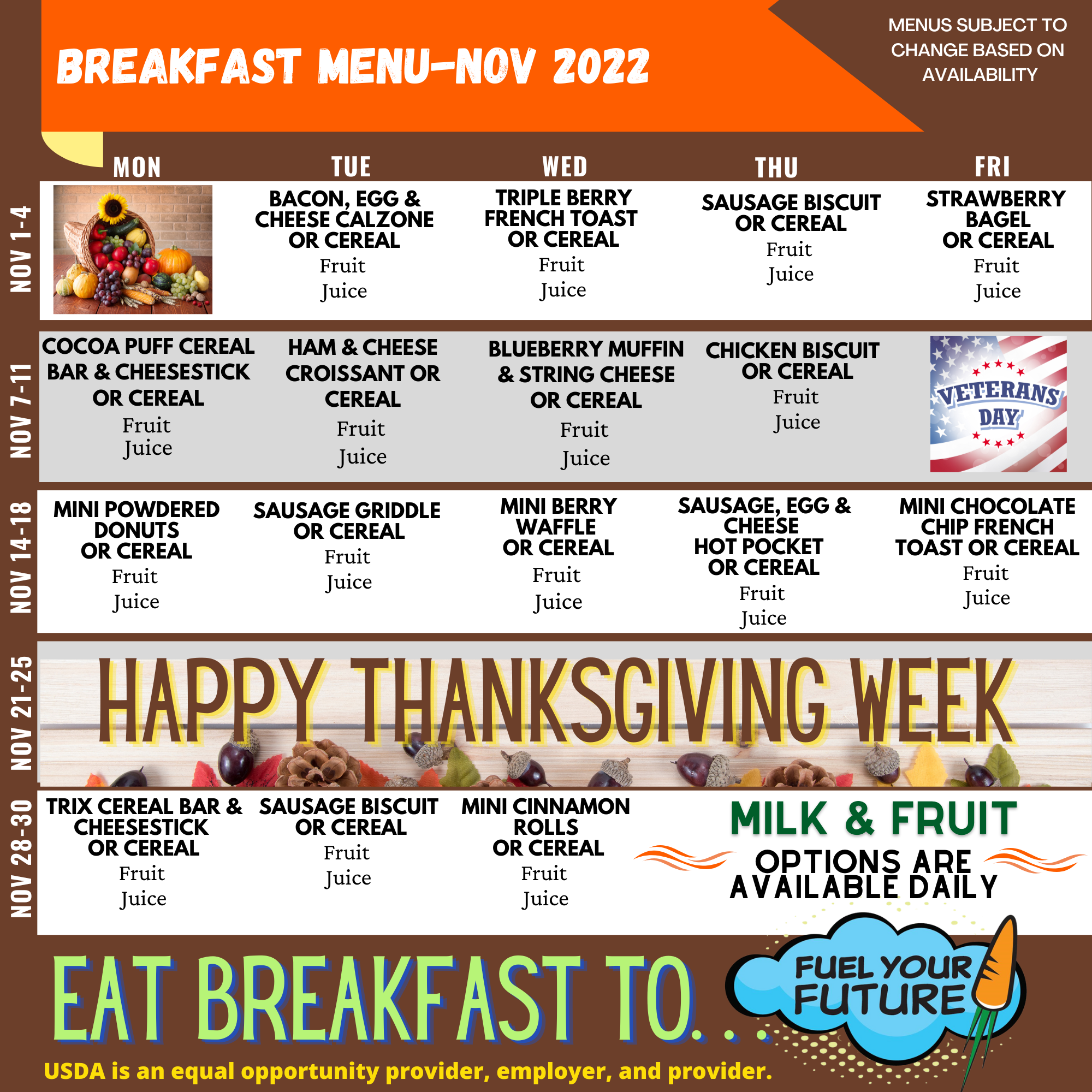 November Breakfast Menu 2022