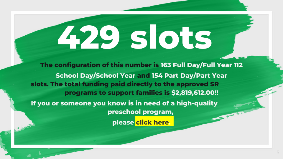 429 The configuration of this number is 163 Full Day/Full Year 112 School Day/School Year and 154 Part Day/Part Year slots. The total funding paid directly to the approved SR programs to support families is $2,819,612.00!! If you or someone you know is in need of a high-quality preschool program,  please click here. 