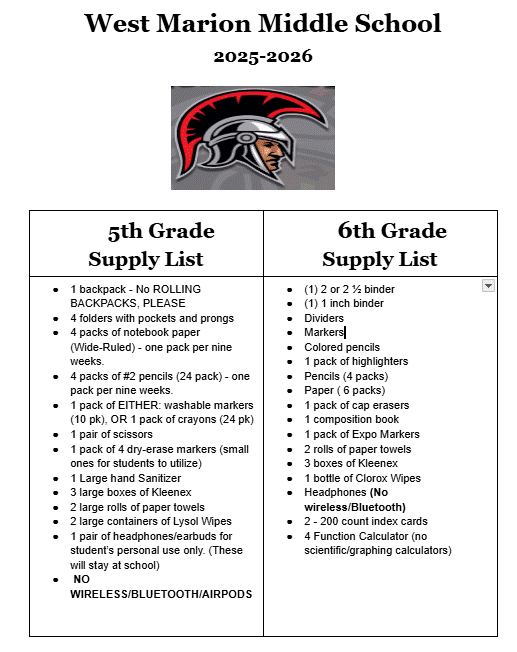 5th/6th grade supply list 25-26