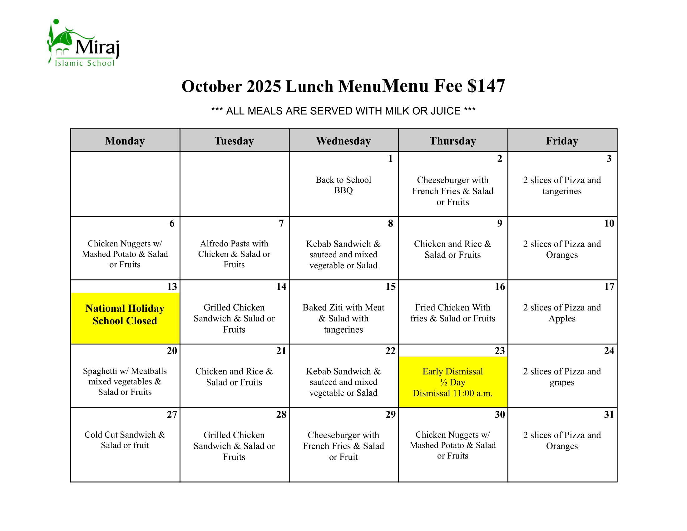October Lunch Menu October Lunch Menu