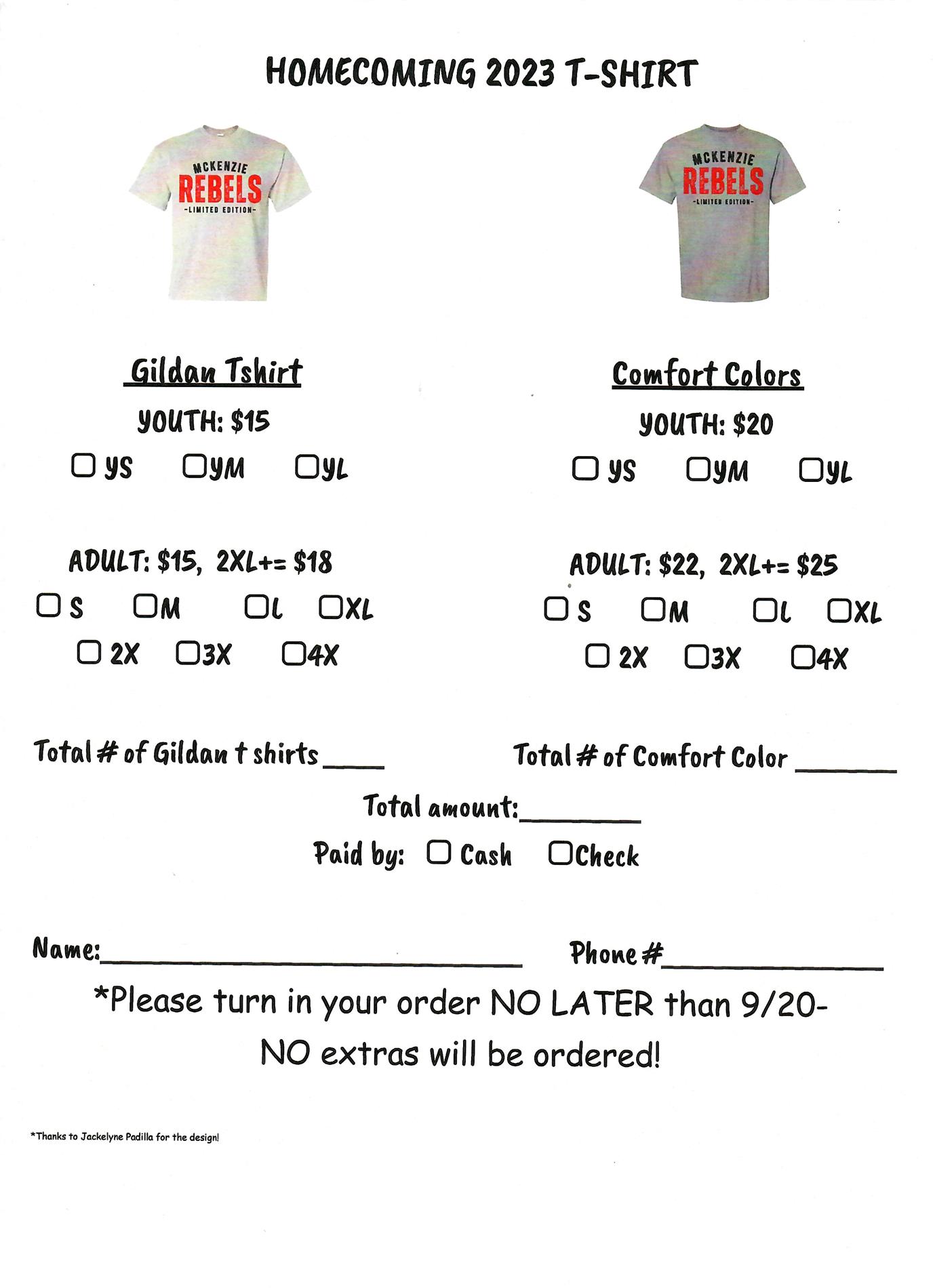 Homecoming 2023 T-shirt order form