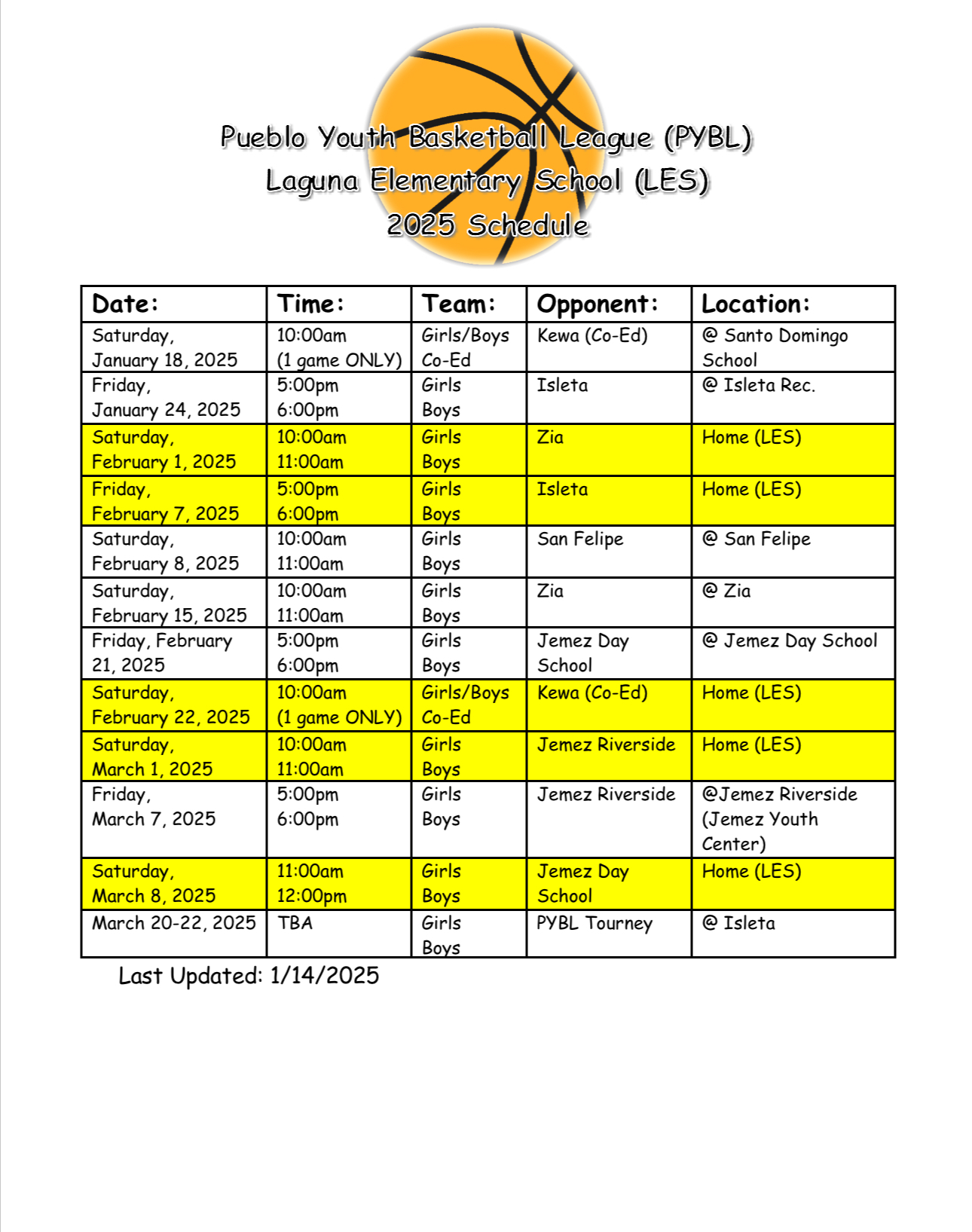 LES Basketball Schedule