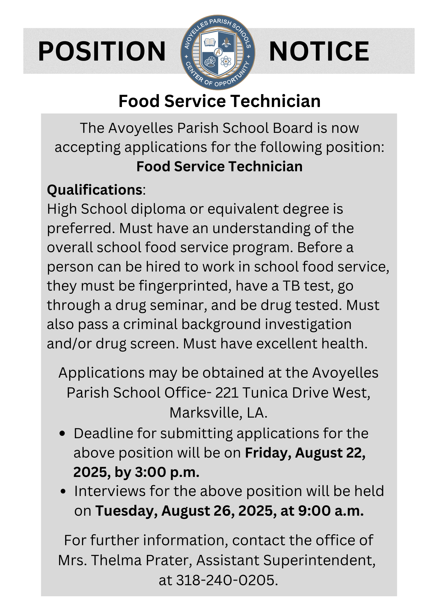 Food Service Technician Job Posting 8.12.25