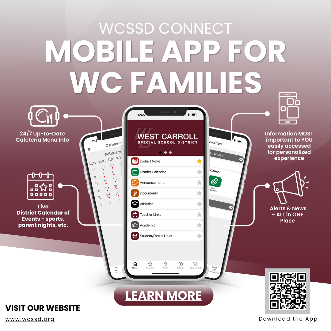wc cONNECT app for wc families, 24/7 menu info, favorite option, schools and calendar