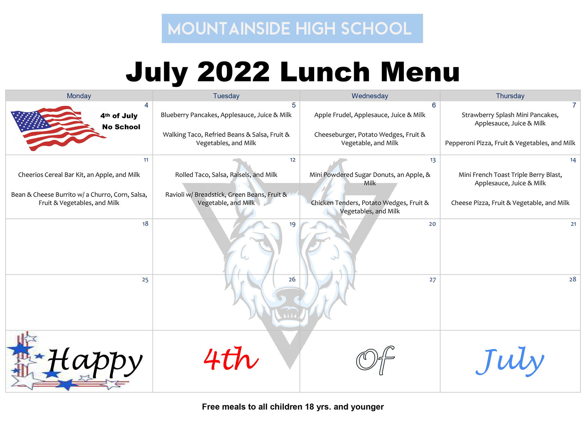 2022 July Lunch Menu