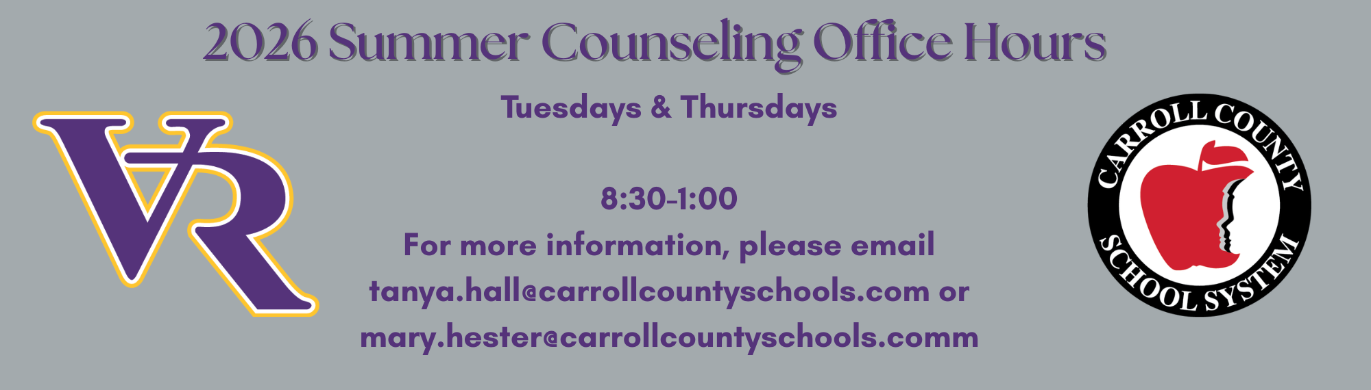 2026 summer registration june 1-4 june 22-24 july 6-8 8:30 - 1;00 for more information about registration please contact tanya.hall@carrollcountyschools.com