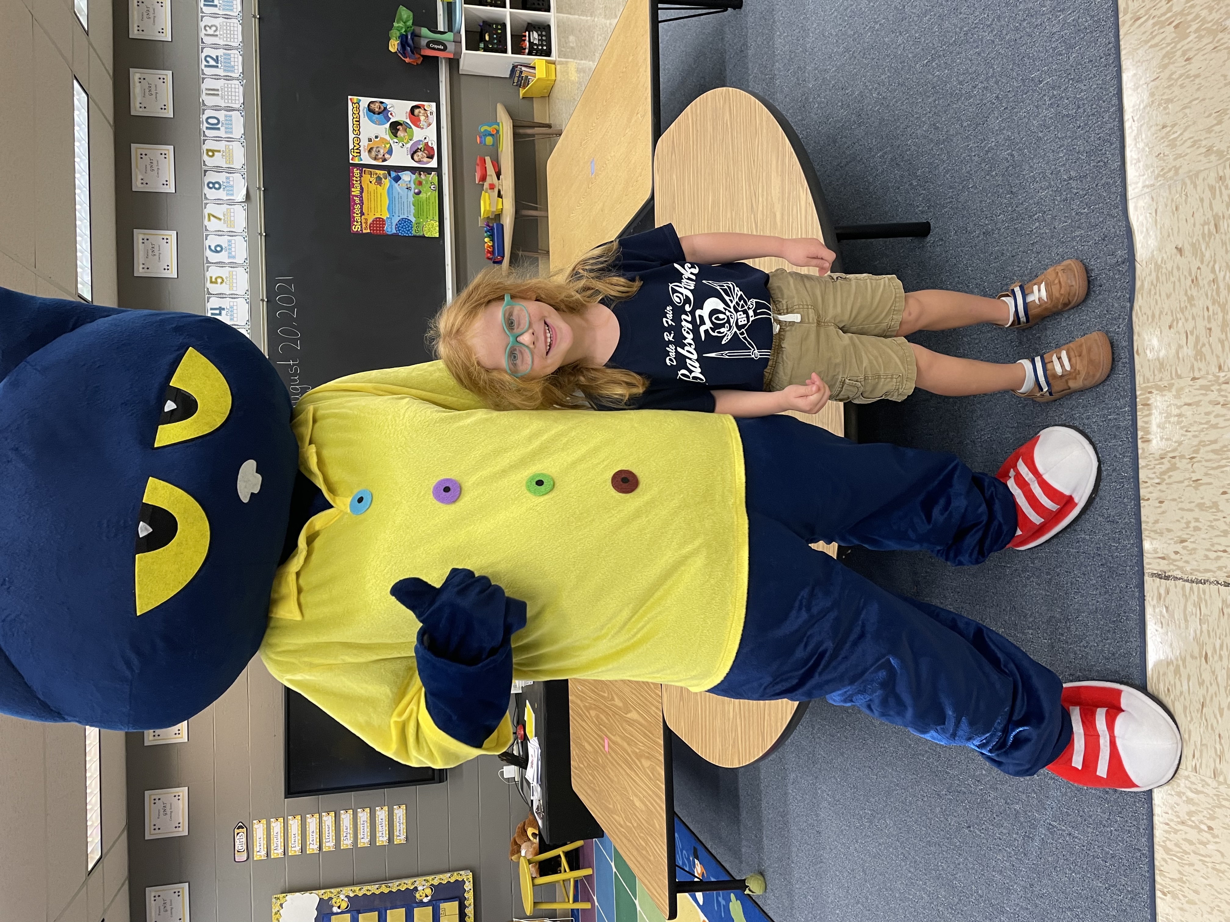 Pete the Cat visiting with a Kindergarten Gnat.