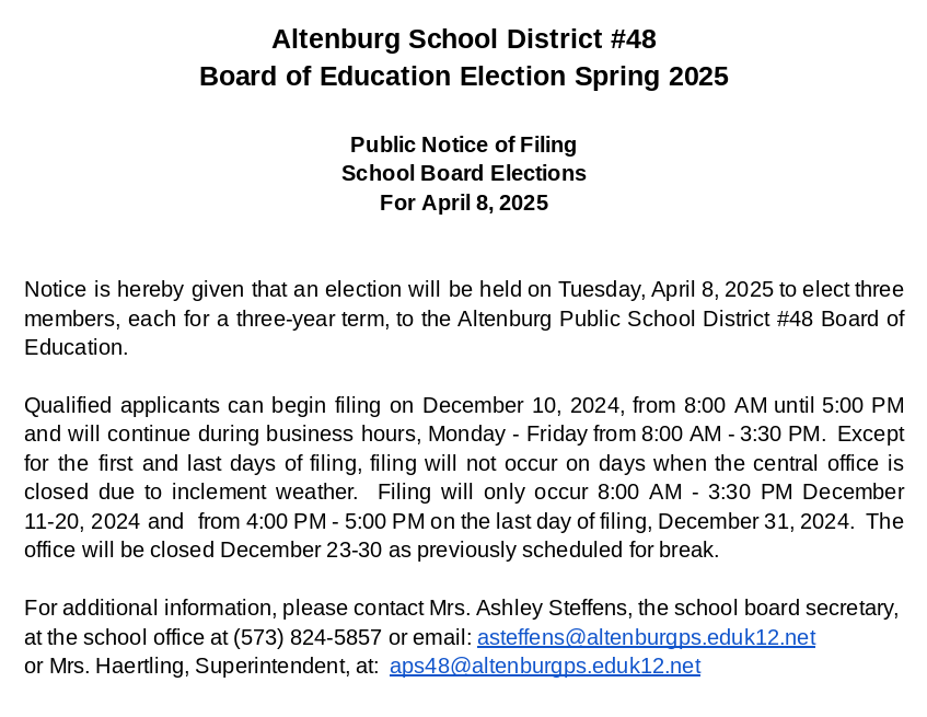 Public Notice of Filing School Board Elections For April 8, 2025