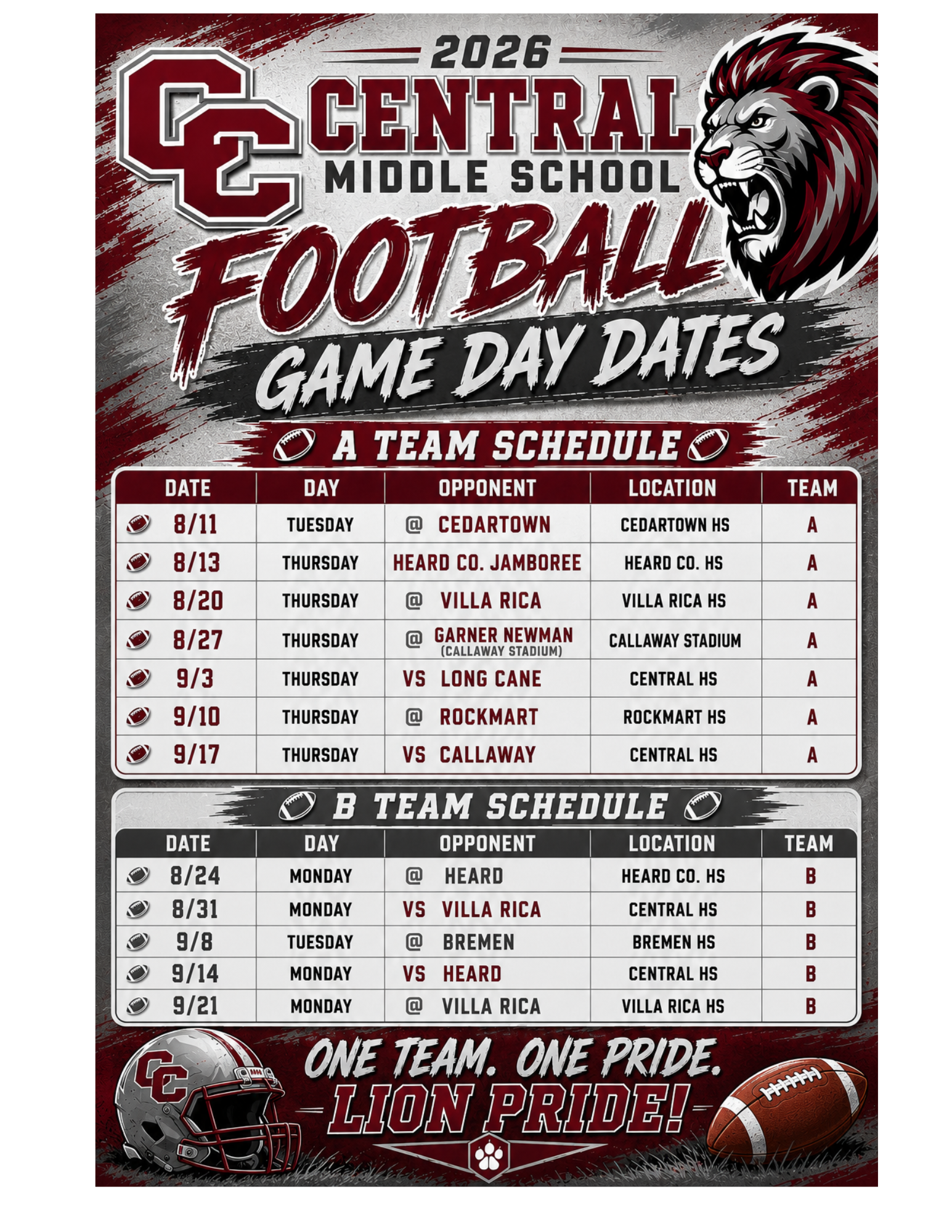 Central Middle School 2026 football schedule poster with A and B team game dates, opponents, and locations, featuring a lion mascot and school logo.