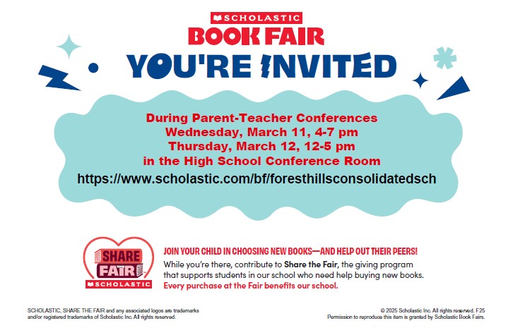 Scholastic Book Fair Invite During Parent Teacher Conferences Wed. March 11th 4 - 7pm, Thurs March 12th 12 - 5pm