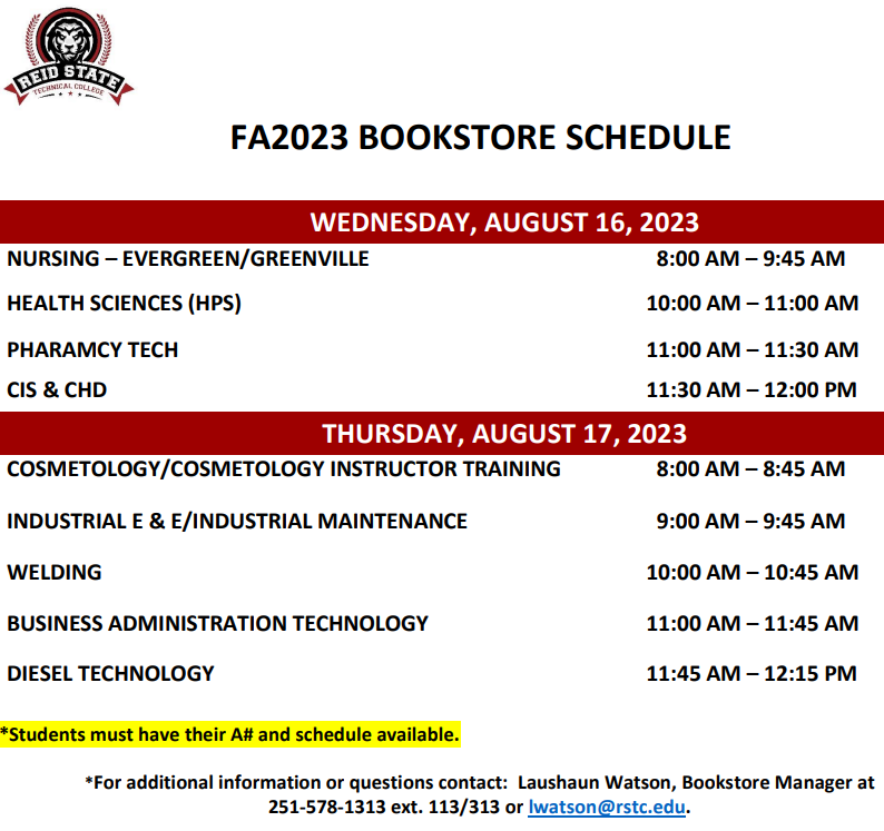 Fall 2023 Bookstore Schedule 