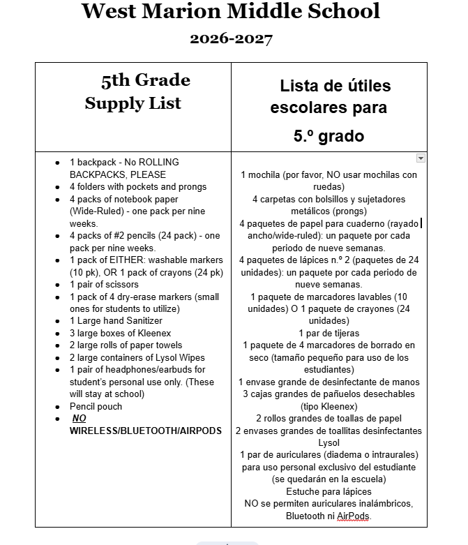5th grade supply list