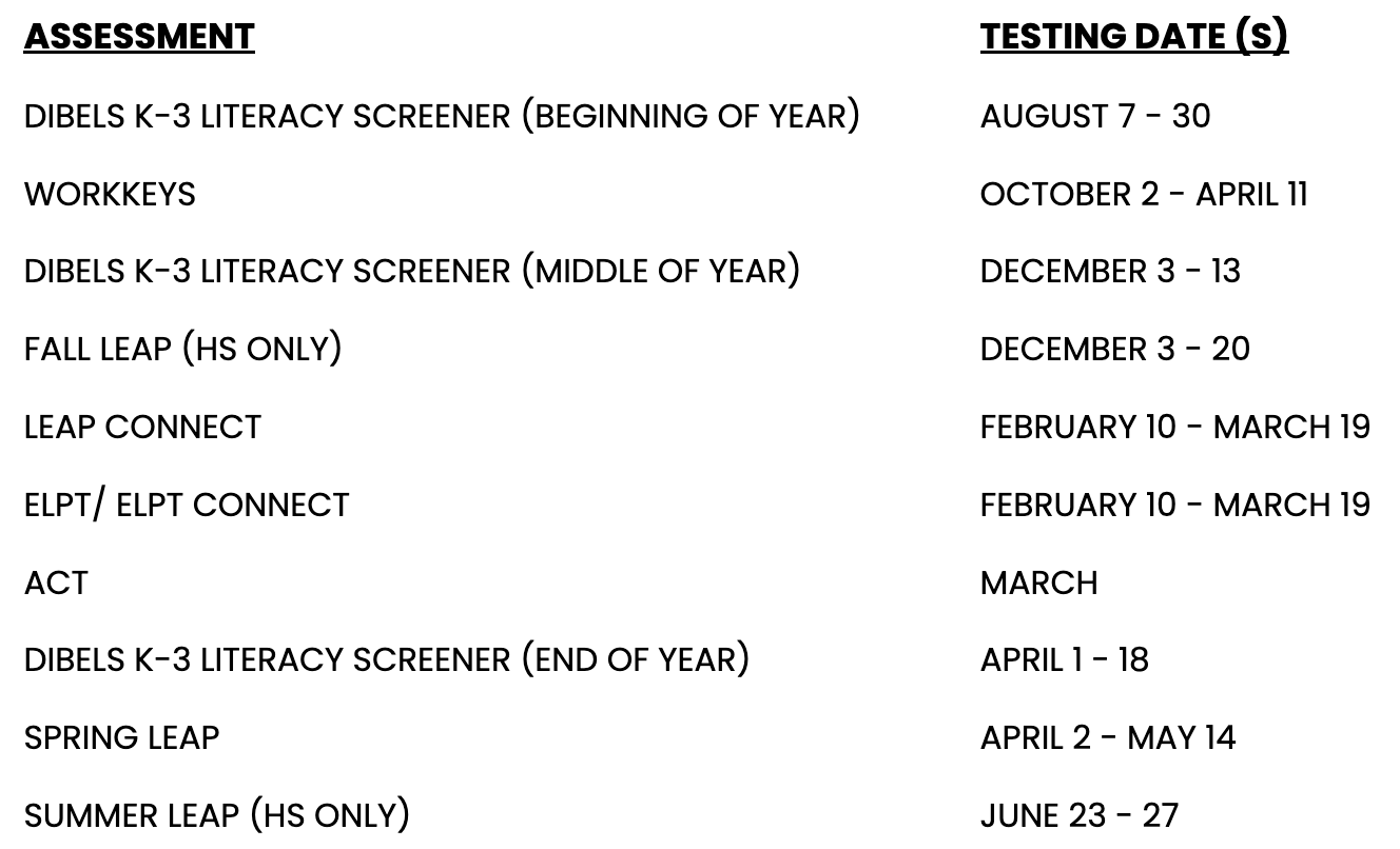 2024-2025 ASSESSMENT SCHEDULE