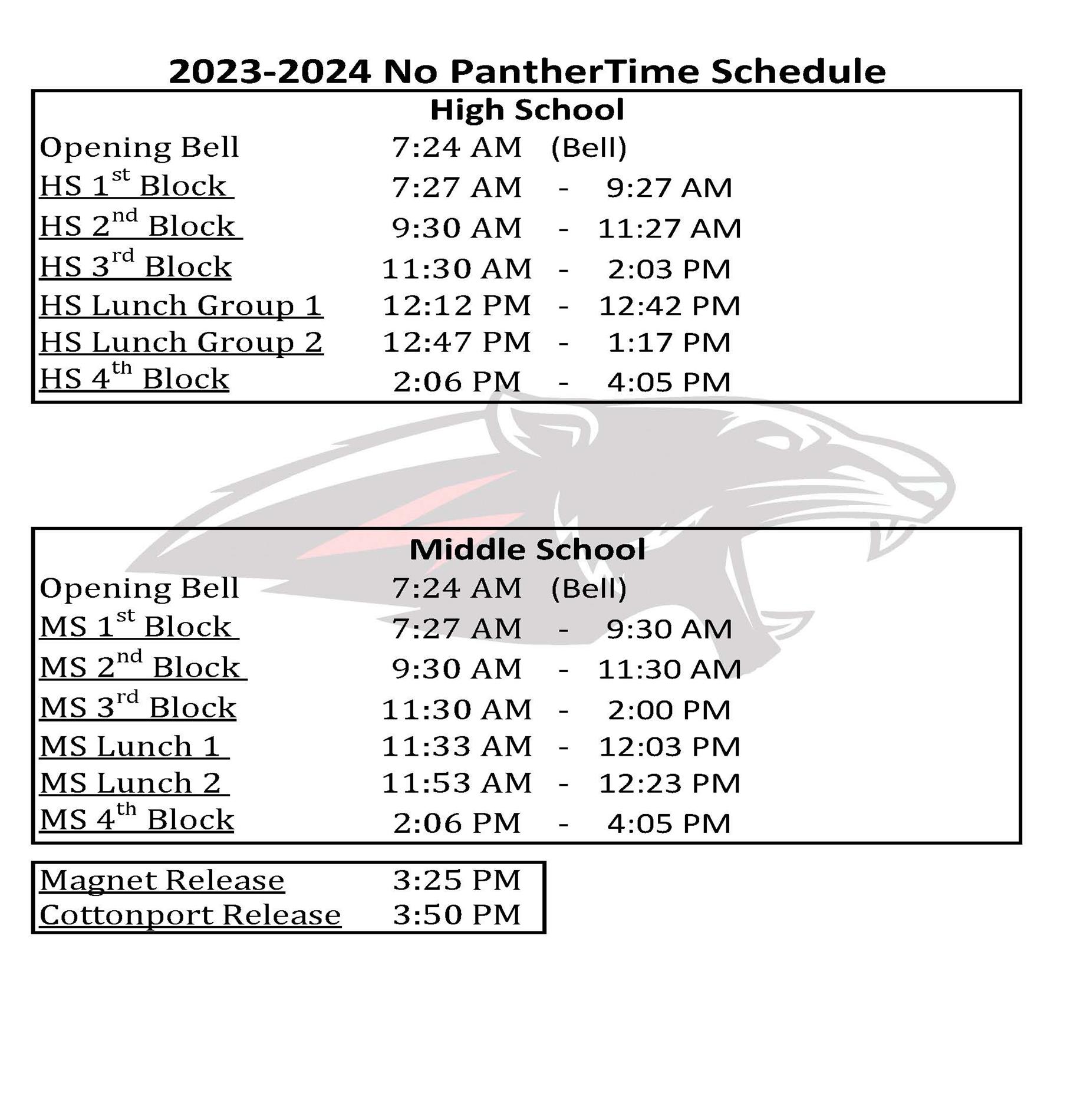 No Panther Time Bell Schedule