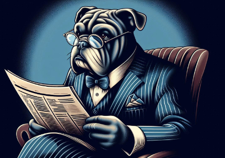 Bulldog reading newspaper