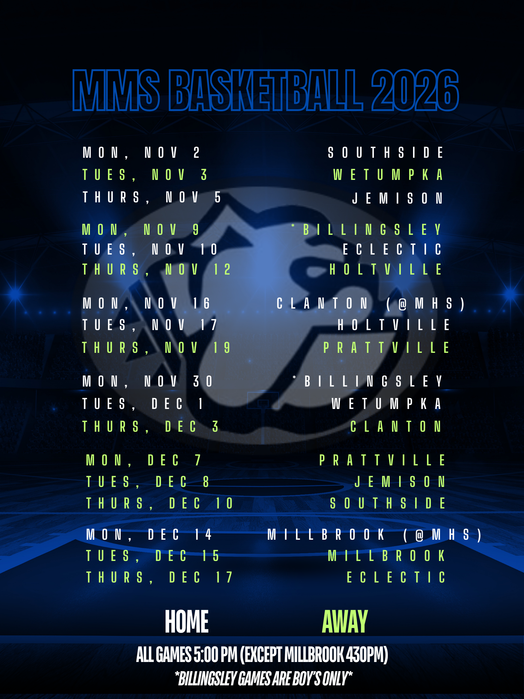 MMS Basketball Schedule 2026