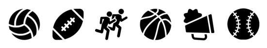 icons for schools sports - volleyball, football, cross country and track, basketball, spiritline and baseball