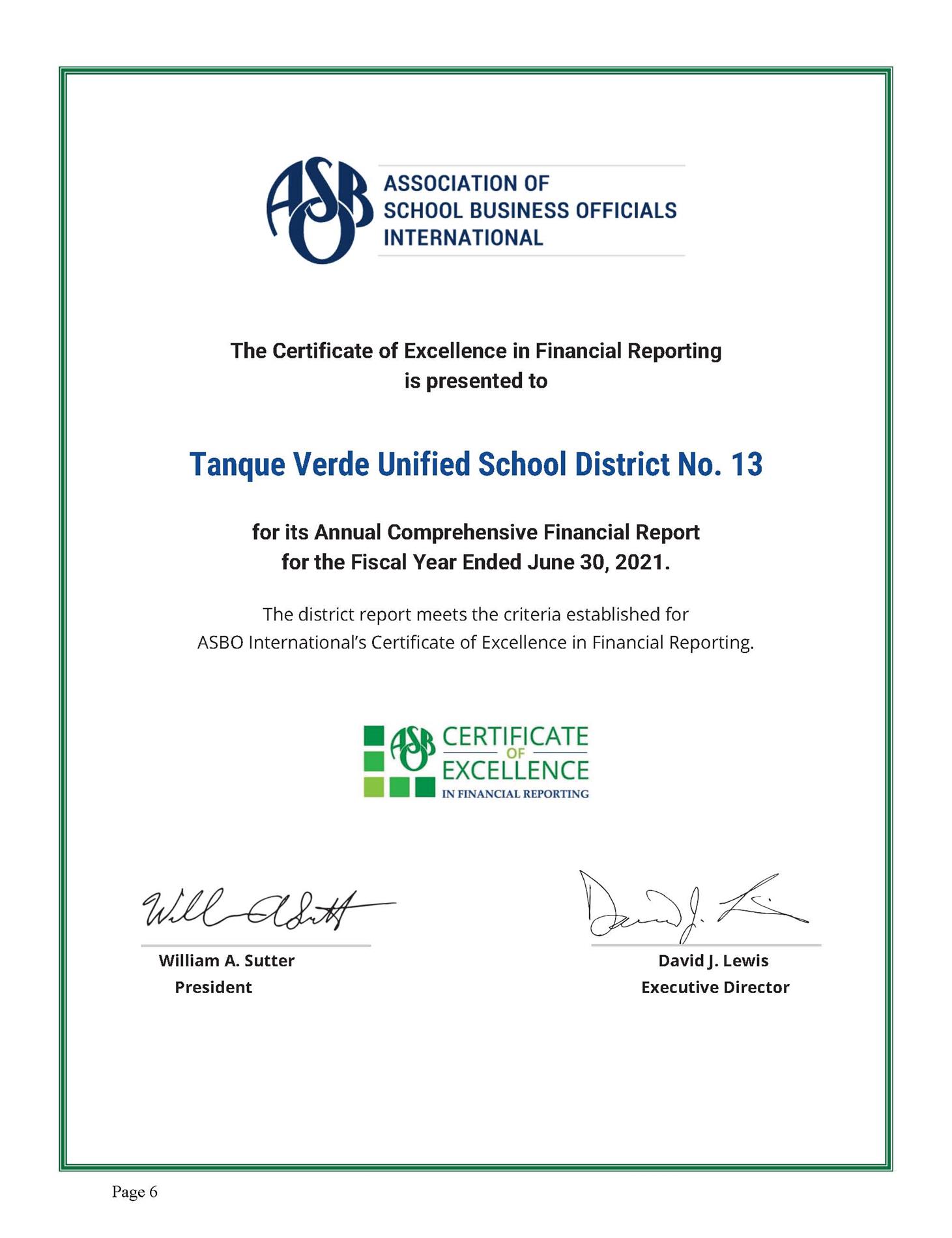 ASBO Certificate of Excellence in Financial Reporting