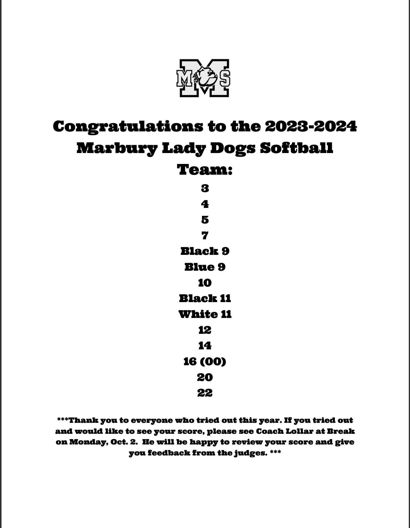 Congratulations to the 2024 Marbury Middle Softball Team!