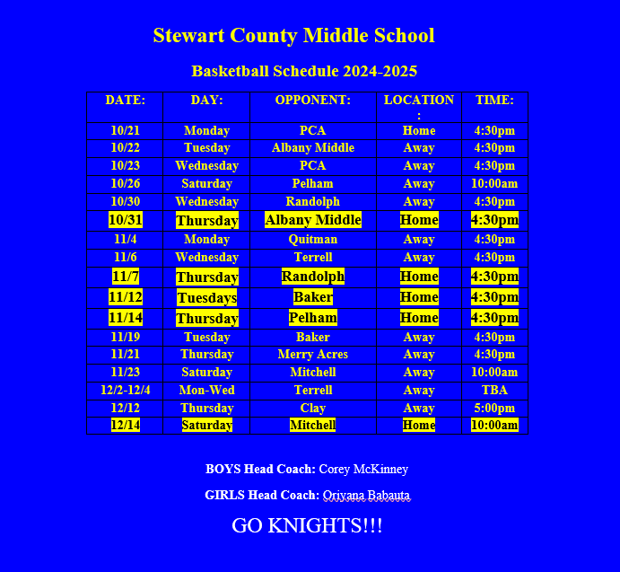 Middle School basketball schedule