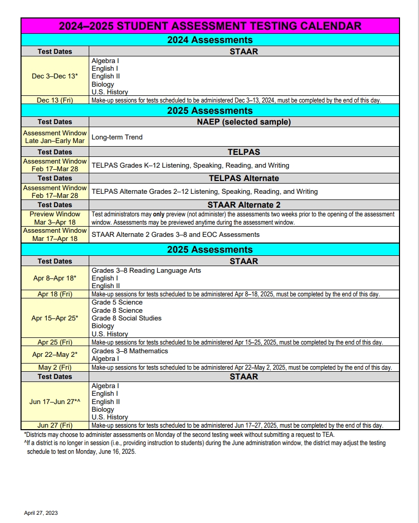 2024-2025 Testing Calendar