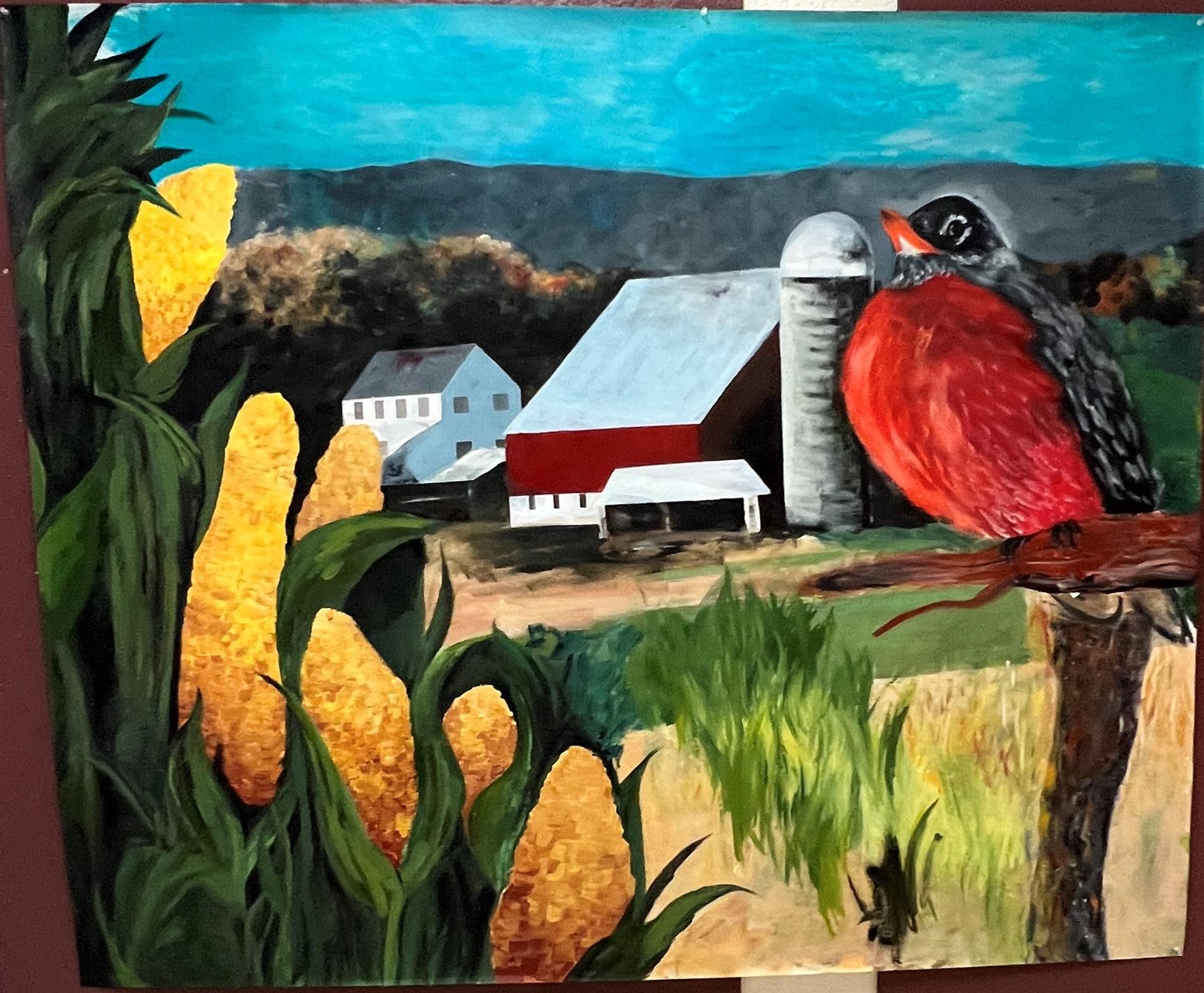 Picture of a bird and a farm. 