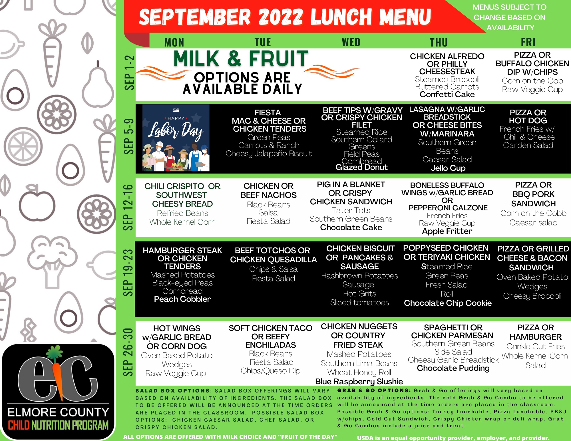 September 2022 Lunch Menu