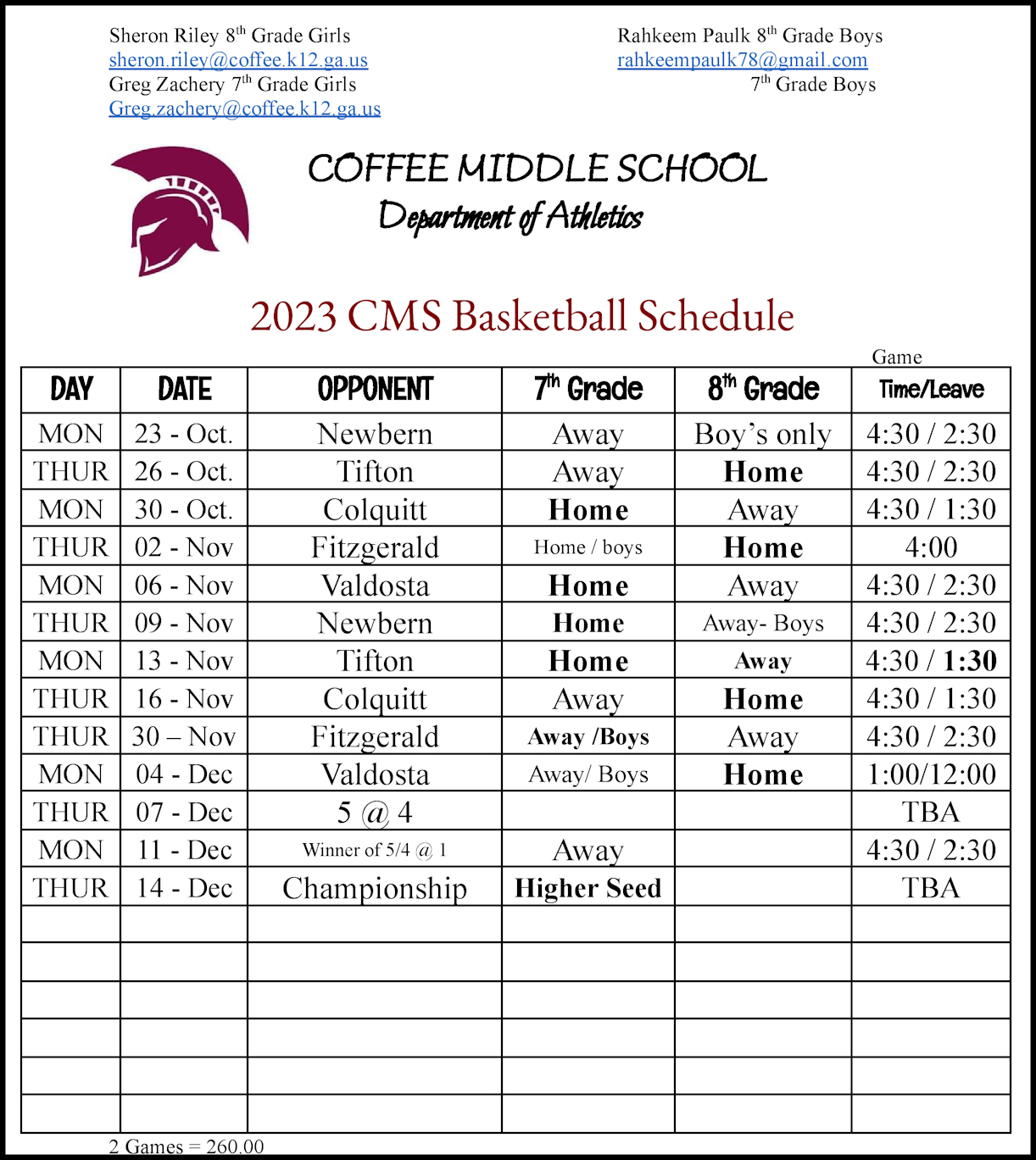 2023-2024 CMS Basketball Schedule