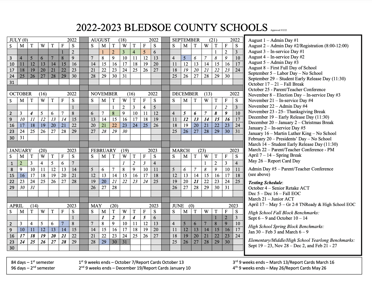 2022 - 2023 Calendar 