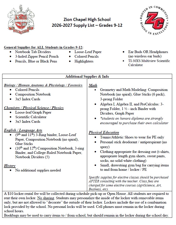 High School Supply List