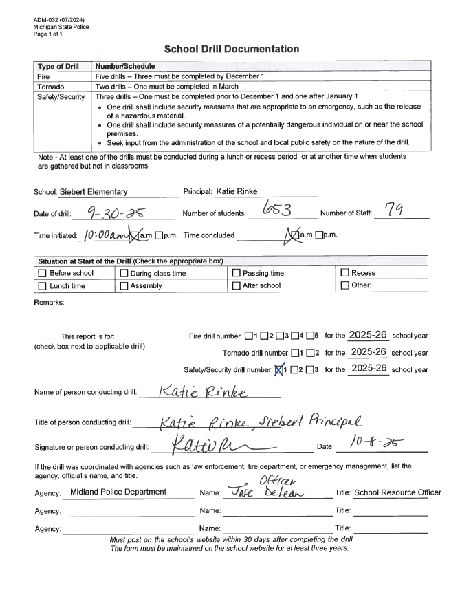 Form for Siebert Elementary's first safety drill of 2025-2026