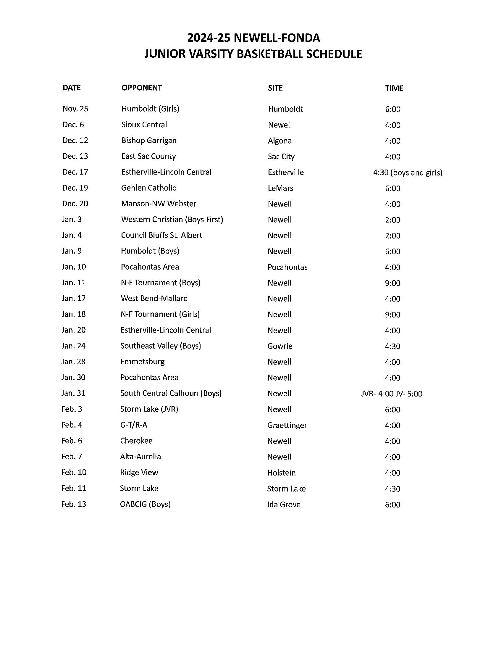 2024-25 Junior Varsity Basketball Schedule