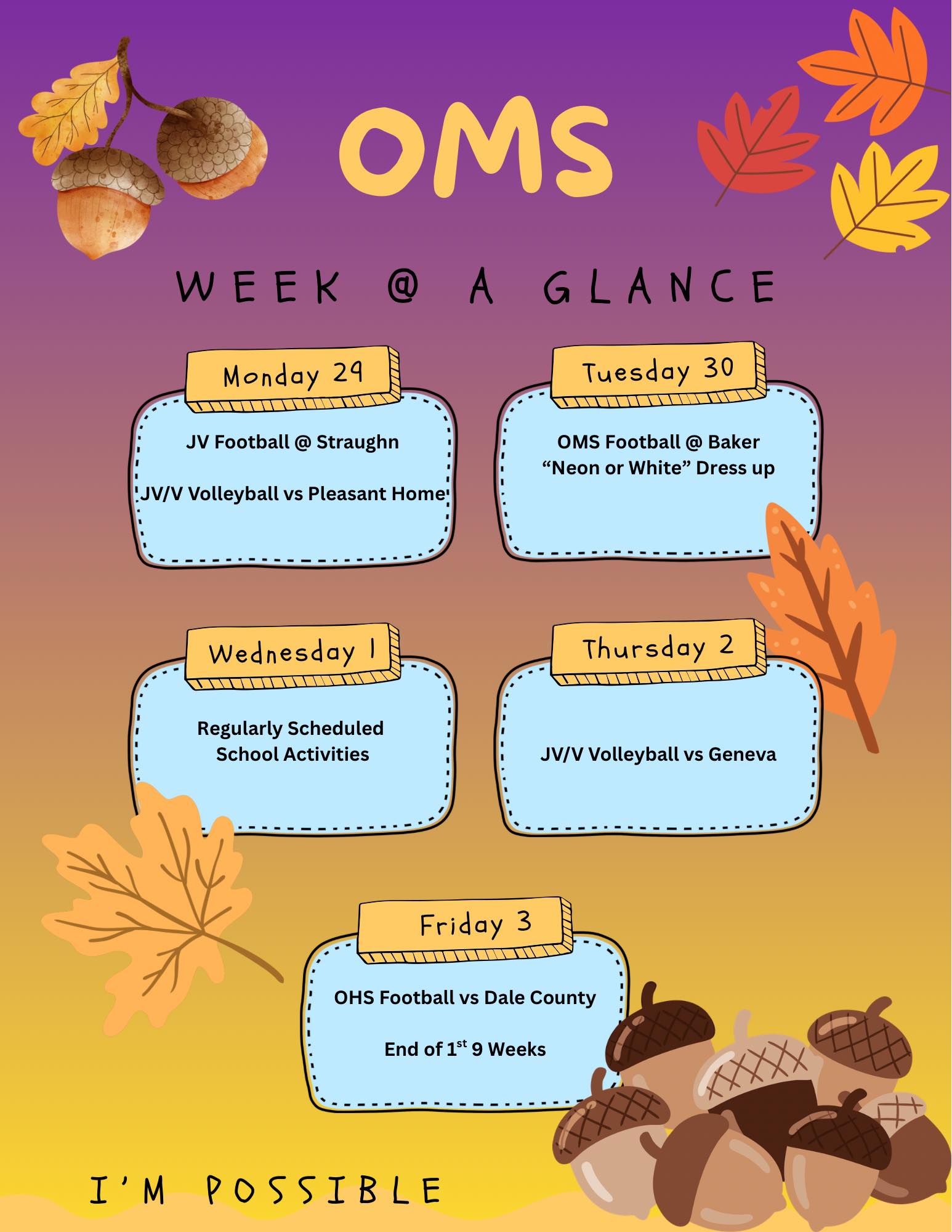 Week at a Glance 9/29 Week at a Glance 9/29