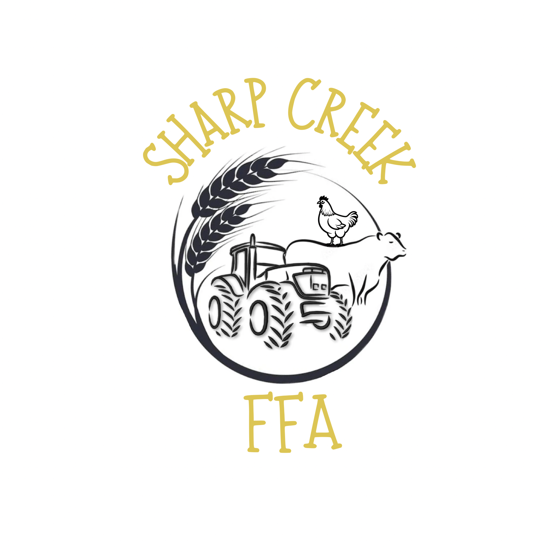 Sharp Creek FFA logo on a white background. Gold text reading “Sharp Creek” arches above a black-and-white agricultural design featuring wheat, a tractor, a cow, and a chicken. Gold letters “FFA” appear below the illustration.