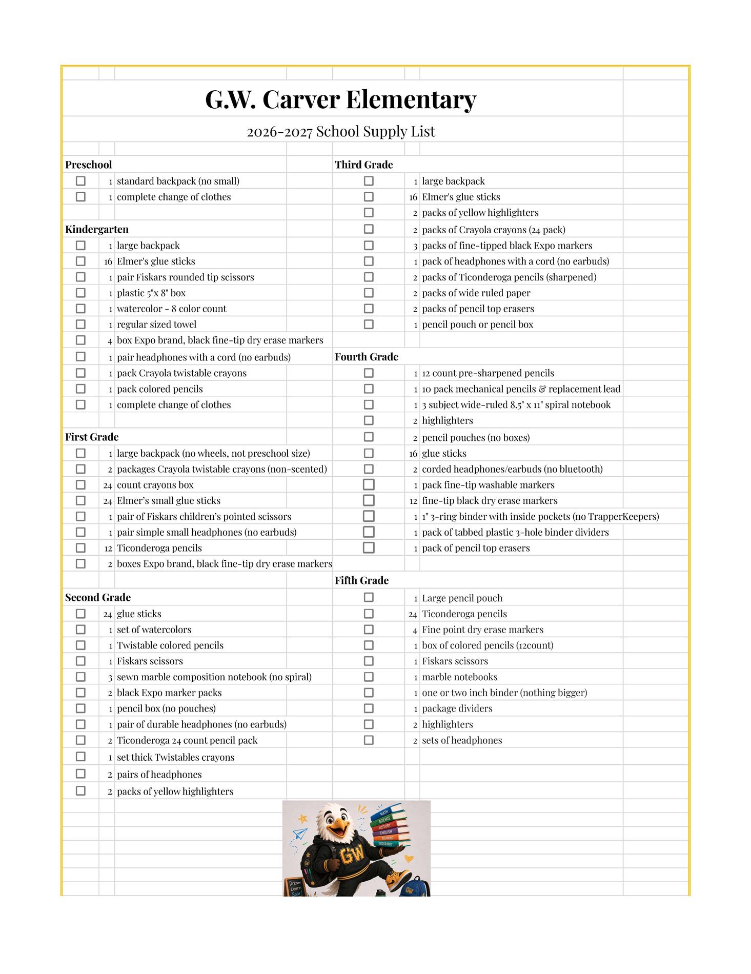 School Supply list, by grade level School Supply list, by grade level