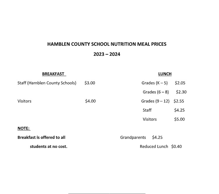 2023-2024 Meal prices