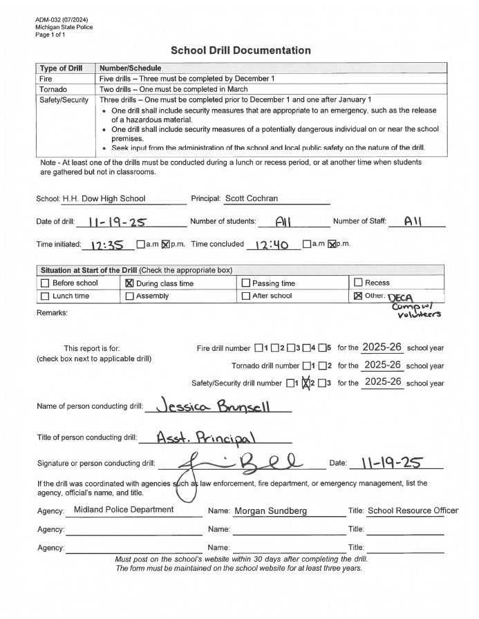 Form for Dow High School's second safety drill of 2025-2026