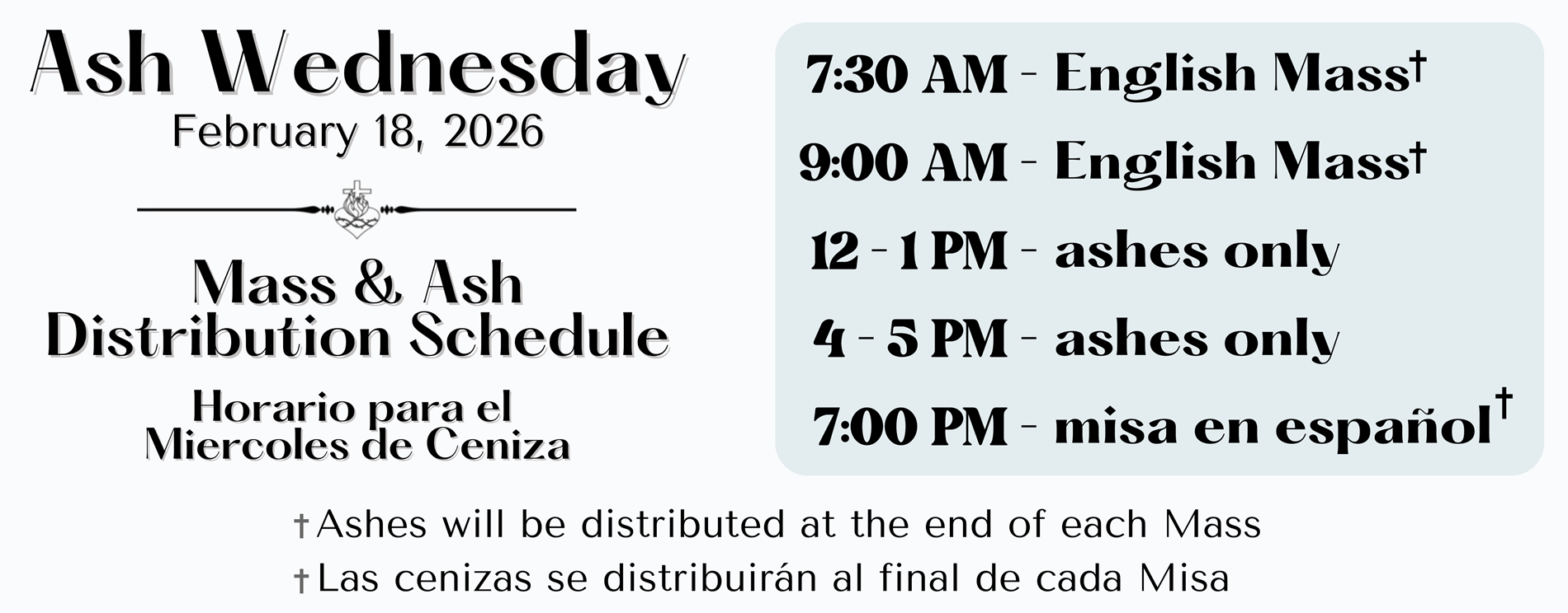 Ash Wed Feb 18 2026 schedule
