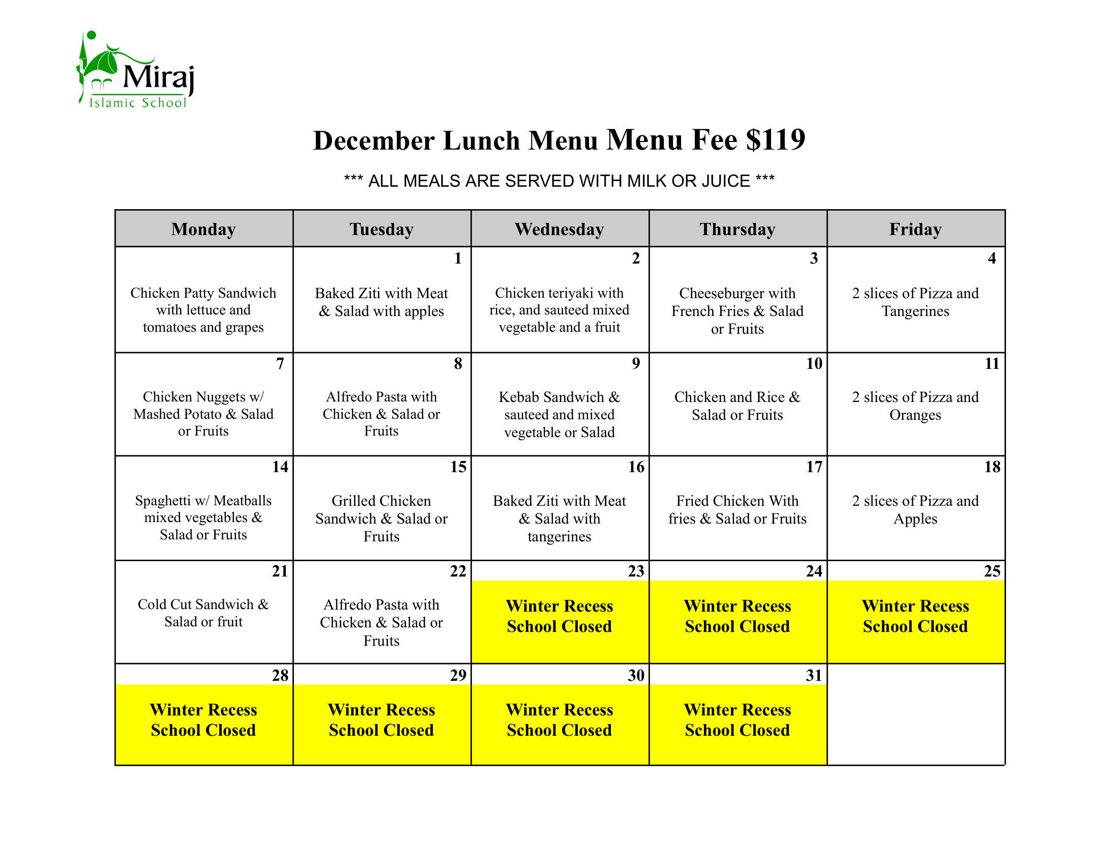 December Lunch Menu