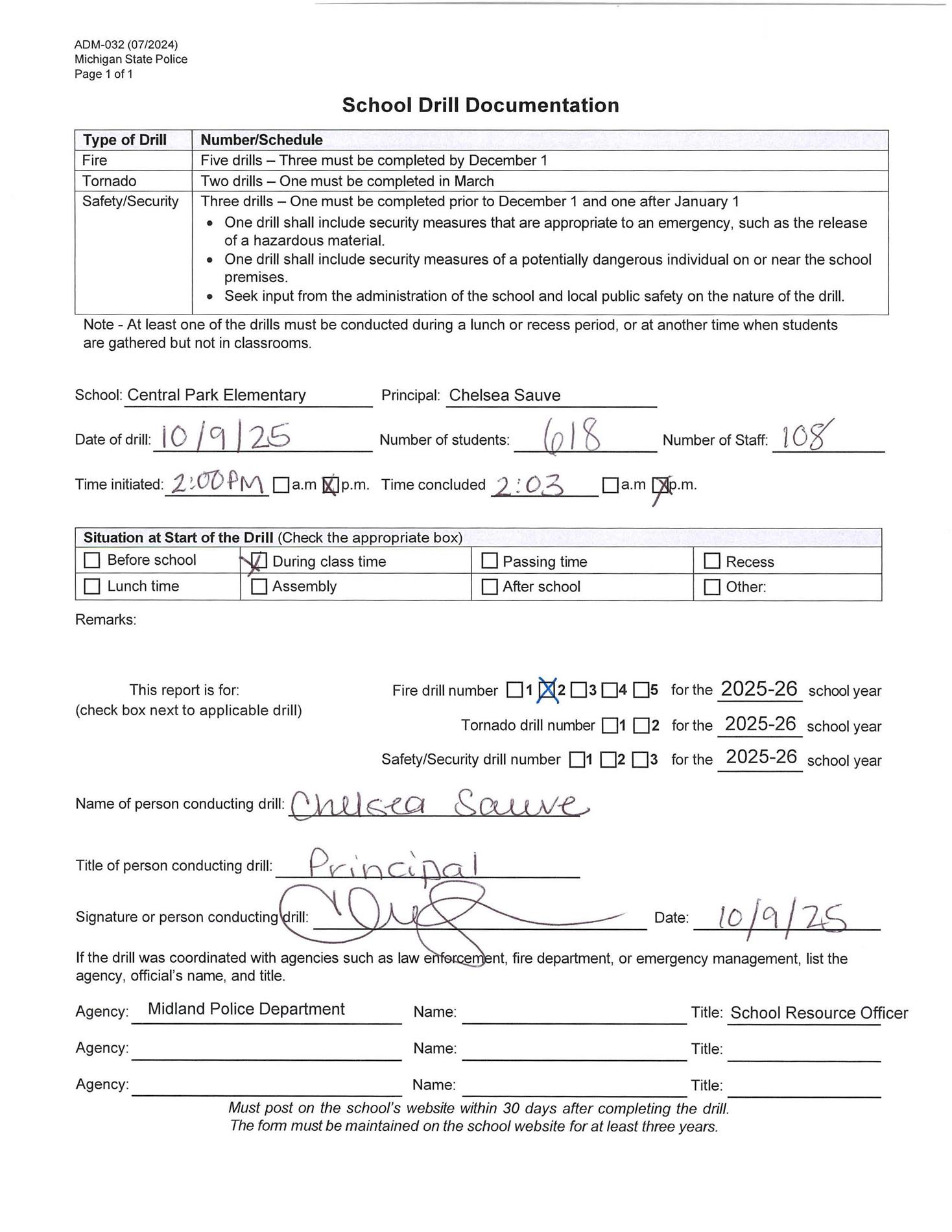 Form for Central Park's second fire drill of 2025-2026 Form for Central Park's second fire drill of 2025-2026