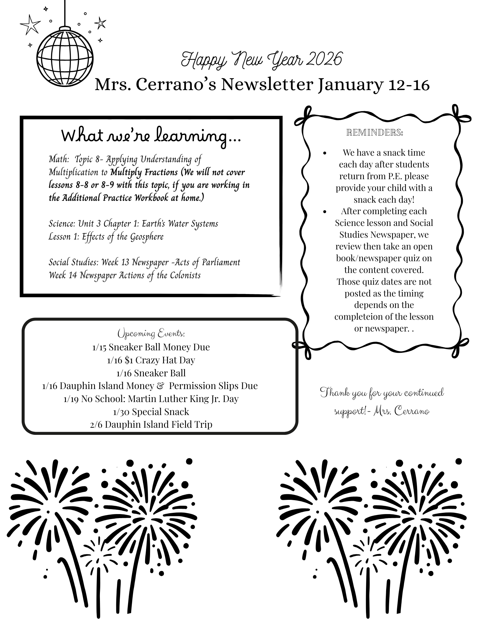 Newsletter 1/12-1/16