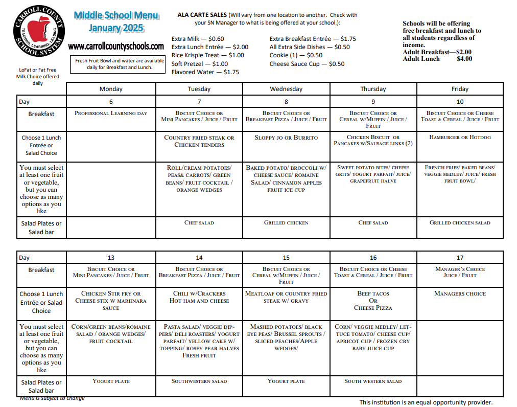 January 2025 Menu