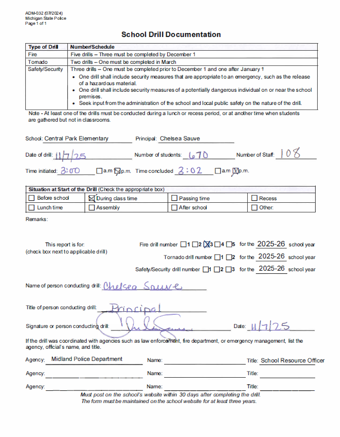 Form for Central Elementary's third fire drill of 2025-2026