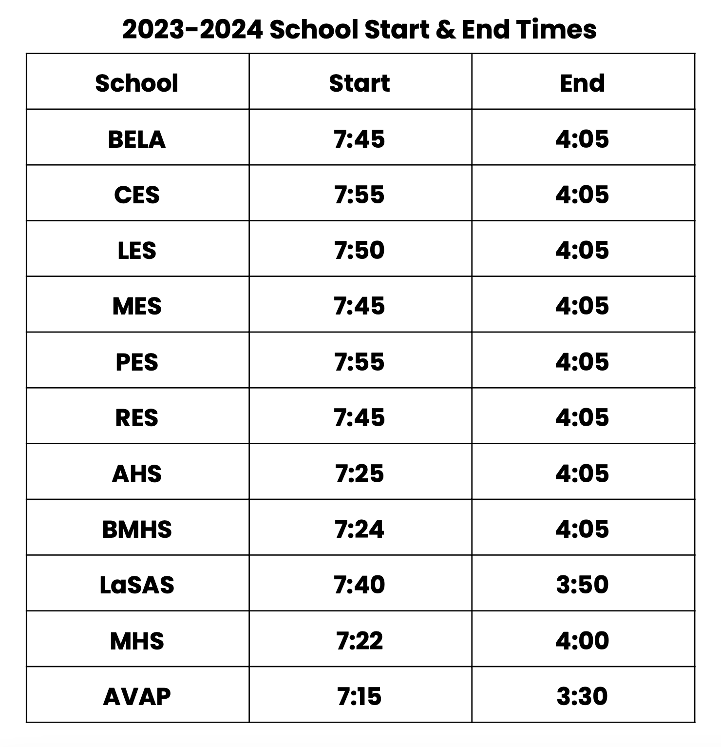 2023-2024 School Start and End Times