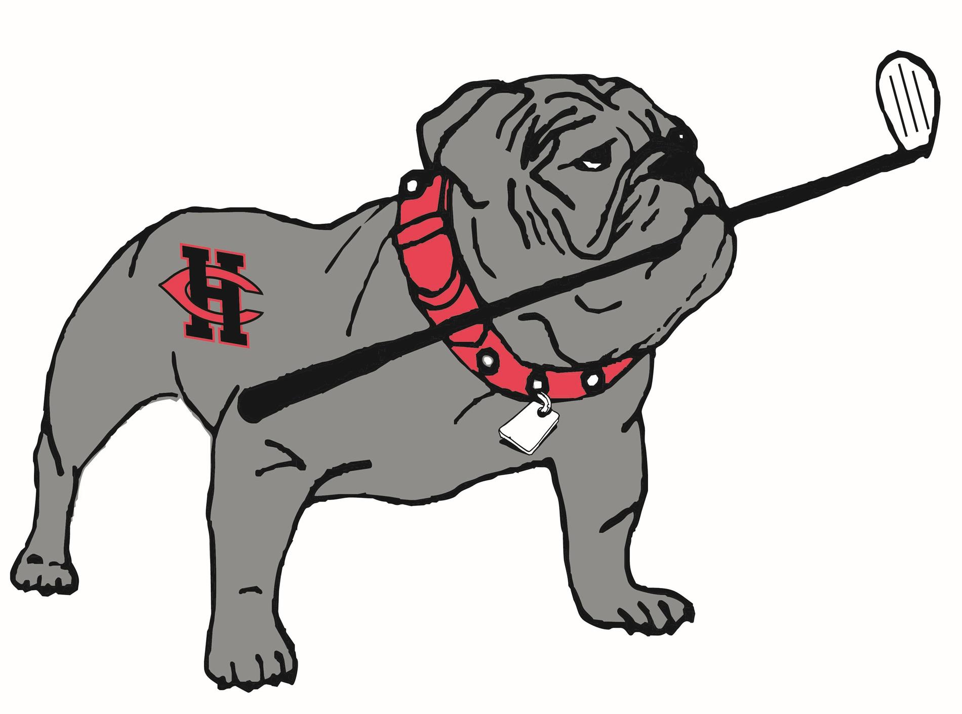 Bulldog holding a golf club