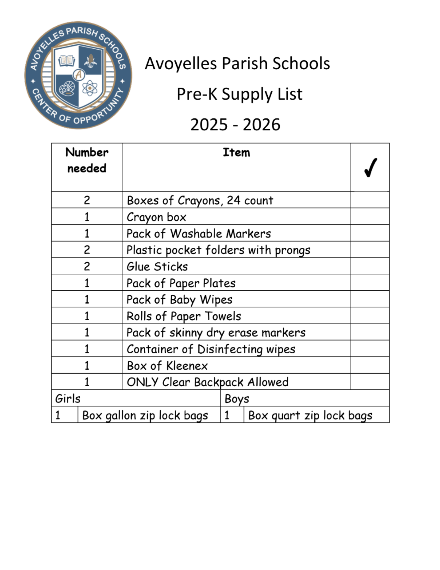 Pre-K Supply List