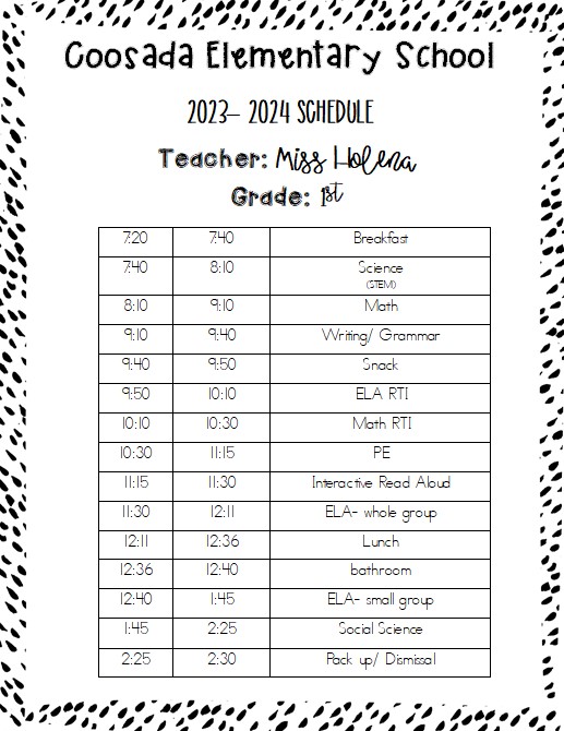 Schedule for 2023 school year