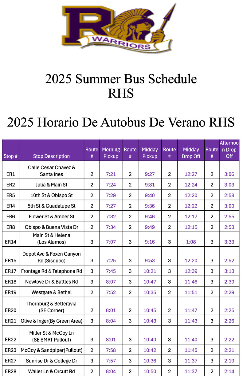 ERHS Summer School Bus Schedule