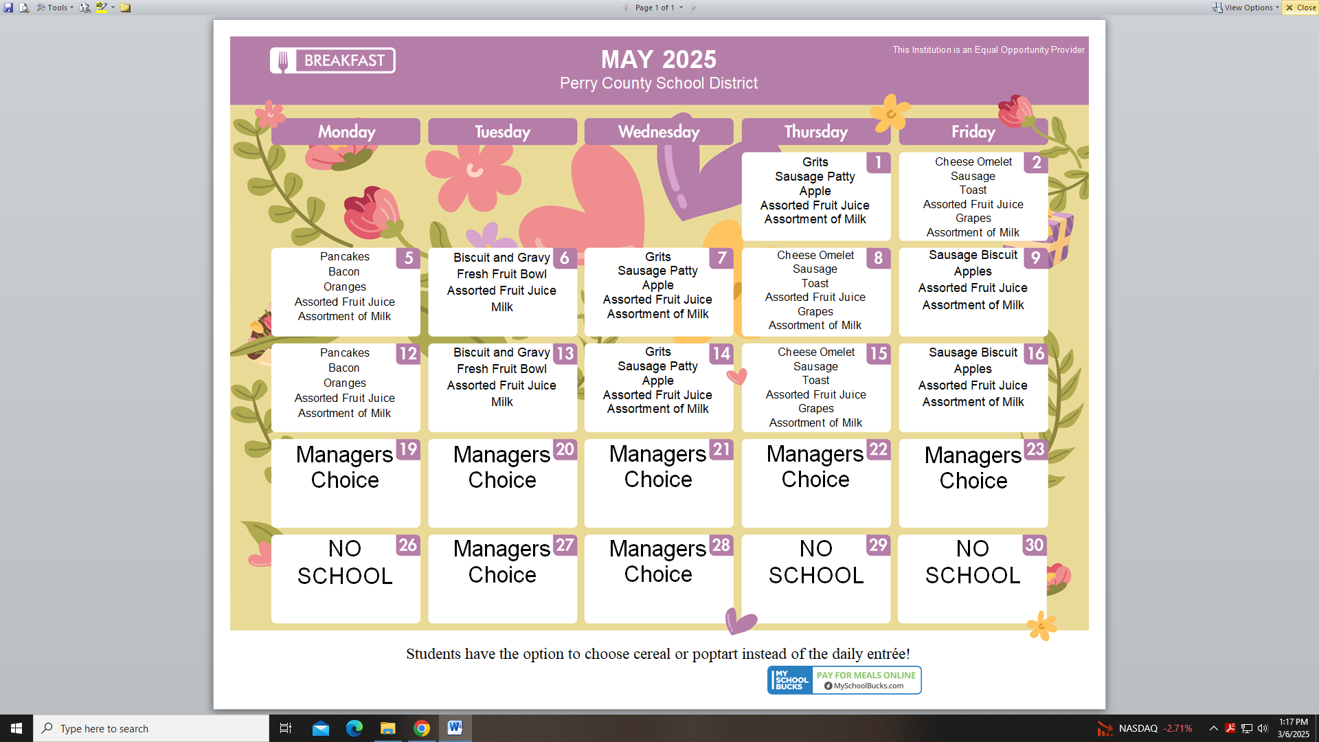 May Breakfast Menu 2025